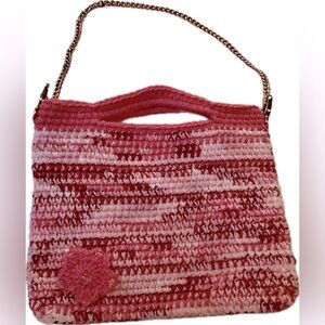 Adorable Crocheted Multi Colored Pink Crossover Purse with Gold Chain Strap